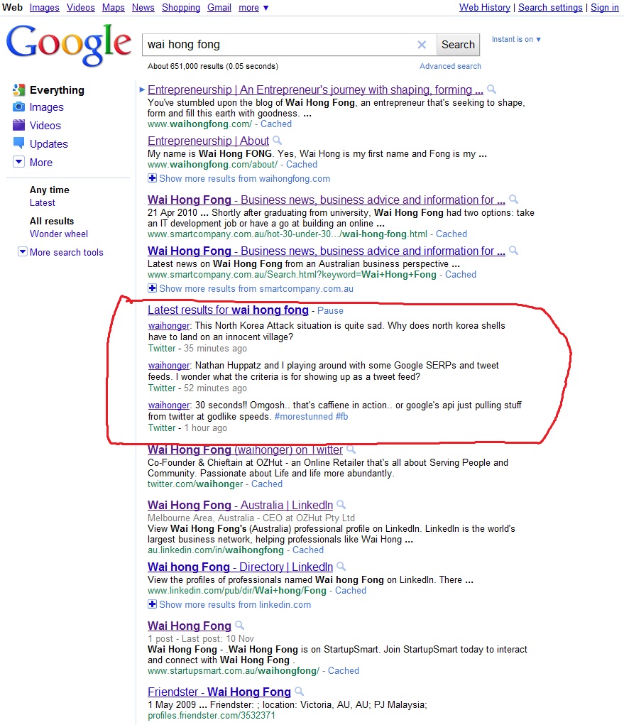 The twitter feed appearing in the SERP for 'wai hong fong'